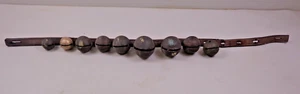 Antique Primitive Brass Sleigh Bells w/leather strap Bells 3" Down - Picture 1 of 24