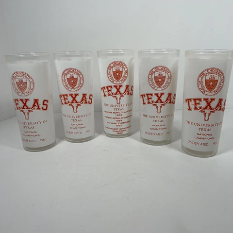 Set of 4 Texas Longhorns 1963 National Champions Glasses + 1965 Glass (1) 6 1/2” Cover