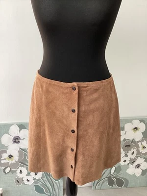 Topshop Skater Skirt Tan Real Suede Leather Popper Button Front Size UK 16  - Image 1 of 4
