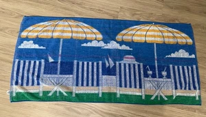 Vintage Strandtuch blau gelb gestreift Szene Stühle Regenschirm Baumwolle 55”x26” - Bild 1 von 6