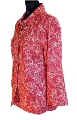 Christopher & Banks Linen -Snap- Up Jacket - Paisley Coral, Tab Sleeves-M - Image 1 of 4