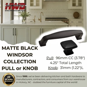 Matte Black Cabinet Pulls *Windsor Collection* Kitchen Bath Handle Knobs Modern - Picture 1 of 21