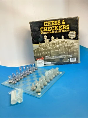 Glass Chess & Checkers Clear and Frosted Pieces by Cardinal Very Good Condition - Image 1 of 4