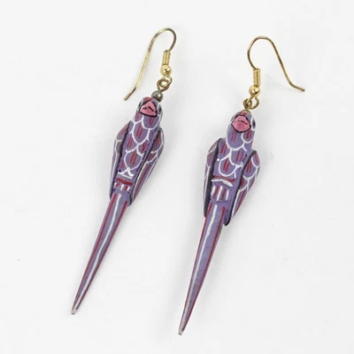 Vintage Hand-Painted Wooden Purple Parrot Earrings 2.5" - Image 1 of 4