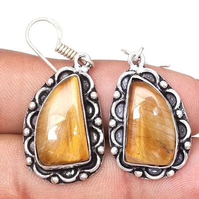 Tiger's Eye Gemstone Handmade Silver Jewelry Earrings 1.5'' - Image 1 of 4