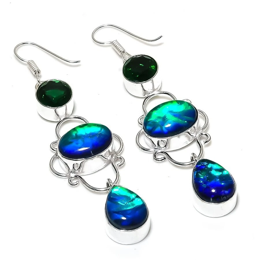 Triplet Opal Gemstone Handmade 925 Sterling Silver Jewelry Earring Sz 2.4'' - Image 1 of 1