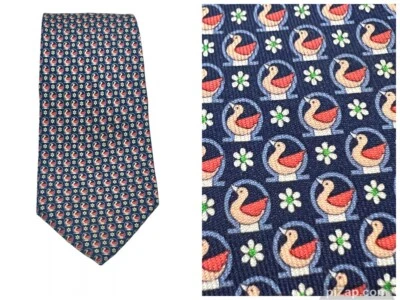 SALVATORE FERRAGAMO HOMBRE SEDA LISA MOTIVO CISNE AZUL MARINO LUJO CORBATA CUELLO 3.5 Foto 1 de 4