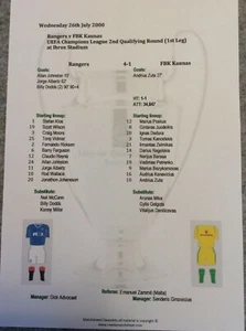 2000-2001 Rangers v FBK Kaunas UEFA Champions League Matchsheet - Bild 1 von 1