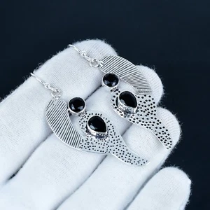 Unique Black Spinel Gemstone Handmade Earrings 925 Sterling Silver Jewelry Gifts - Picture 1 of 4
