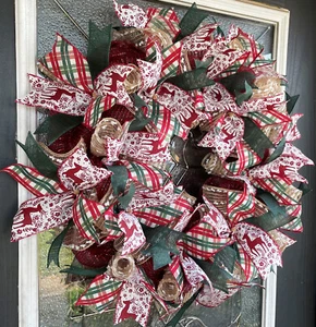 Folk Style Reindeer Christmas Deco Mesh Front Door Wreath Decoration Winter - Picture 1 of 6