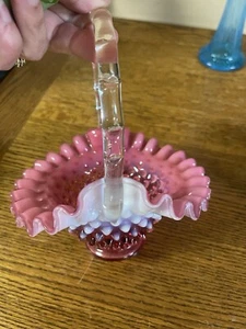 Antique Fenton Cranberry Opalescent Hobnail Ruffled Rim Small Glass Basket 8” - Picture 1 of 7
