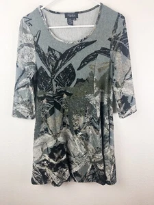 Papillon SZS Dress Green Black Leaf 3/4 Sleeves Knee Length Pockets Boho A21 - Picture 1 of 5