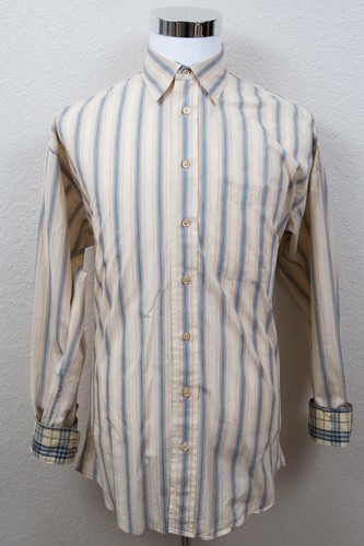 Men's Burberry London Pale Yellow Striped W Nova Check Cuffs Sz Large L