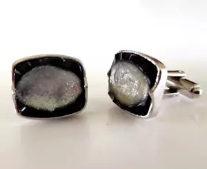 Vintage Rectangle Black Plastic Silver Enamel SilverTone Cufflinks 11/16" - Picture 1 of 6