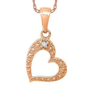 14K Solid Rose Gold Diamond Heart Necklace - Picture 1 of 12