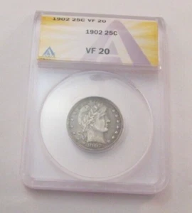 ANACS VF 20 1902 Barber Quarter Scarce Date Nice Coin - Picture 1 of 7
