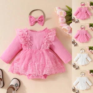 Newborn Baby Girls Ruffle Lace Floral Mesh Romper Dress Tops Clothes Outfit Set - Picture 1 of 15