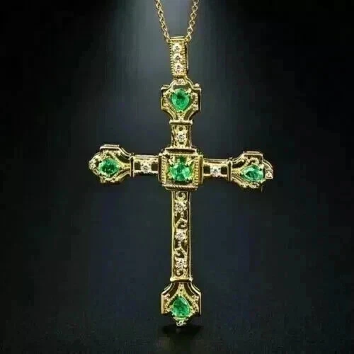 Colgante para mujer cruz esmeralda de corte redondo de 1 quilate enchapado en oro amarillo de 14 quilates Foto 1 de 2