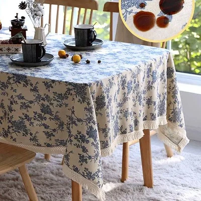 Vintage Blue Cotton Linen Floral Tablecloth Dining Table Cloth Wedding Party - Image 1 of 4