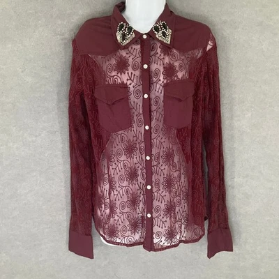 BKE Top Sz L Burgundy Floral Lace Embellished Sheer Collar Western Rodeo Edgy - Image 1 of 4