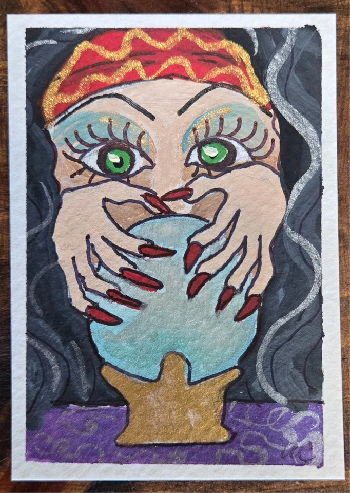 ACEO PINTURA ORIGINAL GOUACHE ACUARELA ADIVINO BOLA DE CRISTAL BRILLO  Foto 1 de 1