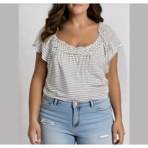 Camiseta Max Studio London Cuello Redondo Ancho Negro Blanco Rayas Top Volantes Cuello 1X - Imagen 1 de 6