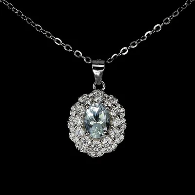 925纯银项链椭圆形海蓝宝石7x5毫米天然宝石首饰18英寸 — 第 1/4 张图片