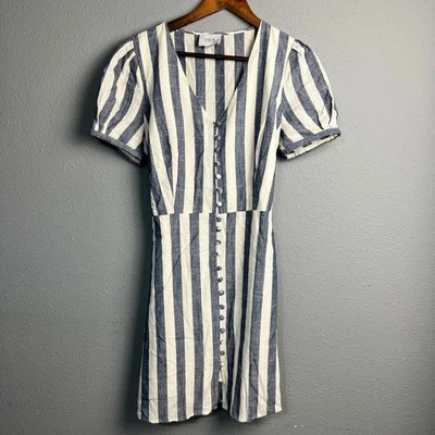 Vestido JOA Just One Answer Azul Blanco Rayas Botón Frontal Puff SL Mezcla de Lino M Foto 1 de 4