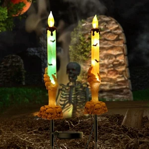 Halloween Kerzen Lichter Deko, 2er Pack solarbetriebene Skelett Hände Kerze - Bild 1 von 4