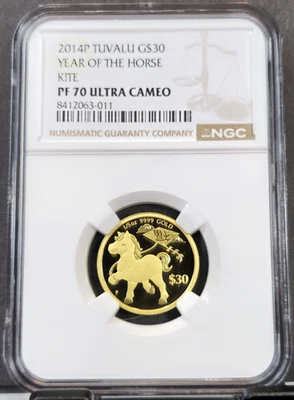 2014 TUVALU GOLD 30 DOLLARS YEAR OF THE HORSE NGC PF 70 ULTRA CAMEO RARE POP 2 - Image 1 of 3