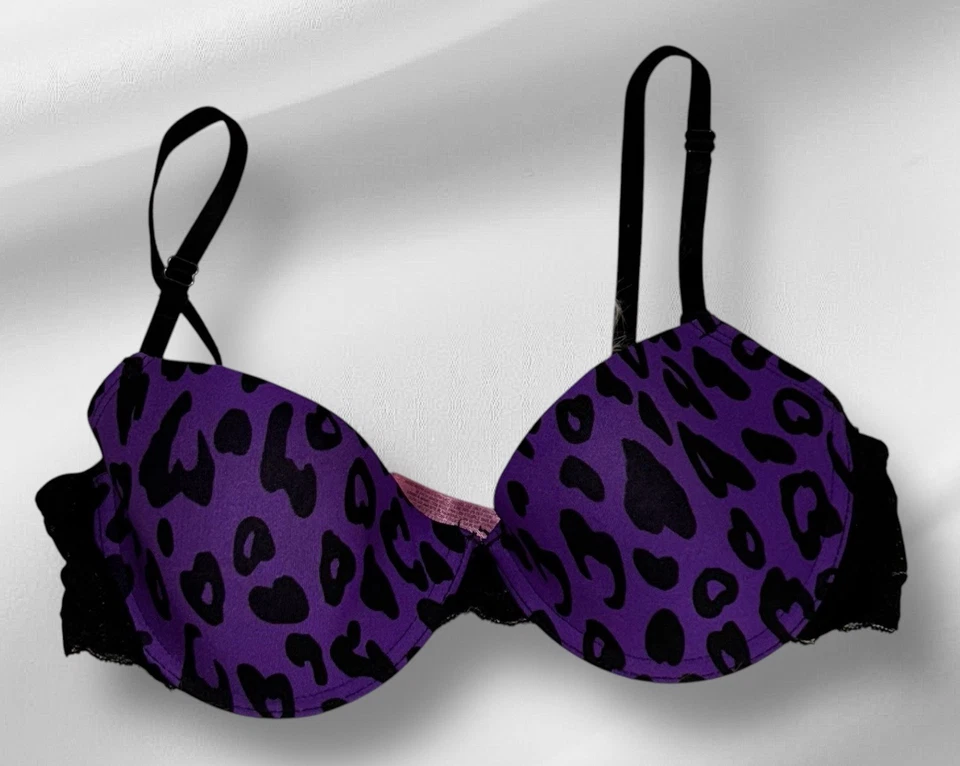 Sujetador Fruit of The Loom púrpura y negro con ribete de encaje de guepardo para mujer 36C Nuevo de Lote Antiguo Foto 1 de 4