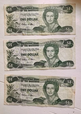 BAHAMAS $1 QUEEN ELIZABETH II Banknotes - Set of 3 - Circulated Vintage Currency - Image 1 of 2