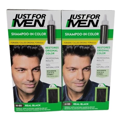 Lot of 2 Just for Men H-55 REAL BLACK Shampoo-In Color Hair Color Green Box - Image 1 of 4