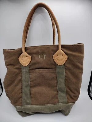 Vintage LL Bean Boat & Tote Bag Full Grain Leather Handles Khaki Plaid Lined - Image 1 of 4