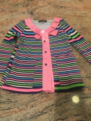 全新无标签 Hannah Banana 条纹女孩 4 毛衣粉色蝴蝶结零售 $38 Persnickety — 第 1/3 张图片