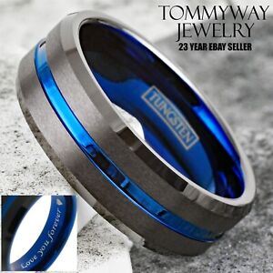 Engraved 8mm Gunmetal Deep Grey Tungsten Carbide Thin Blue Line Men's Band Ring