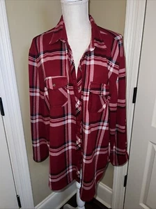 Women's Passport Red Black White Plaid Button Down Shirt 3X Polyester Casual - Picture 1 of 6