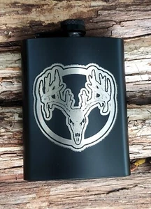 CLEARANCE:  Whitetail Deer Skull - Laser Engraved Black Stainless Hip Flask 8oz  - Picture 1 of 3