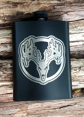 CLEARANCE:  Whitetail Deer Skull - Laser Engraved Black Stainless Hip Flask 8oz  - Image 1 of 3