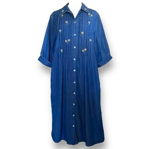La Cera Womens Denim Dress Sz XL Blue Embroidered Sunflower Floral Modest Midi - Picture 1 of 9