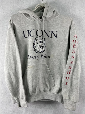 Vtg Gildan "UCONN Avery Point Ambassador" Graphic Hoodie Solid Gray Mens Sz S Cover
