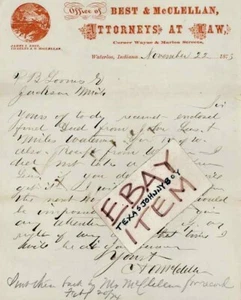 1873 JAMES BEST WATERLOO Auburn INDIANA CHARLES A O McClellan ABOGADO ABOGADO - Imagen 1 de 1