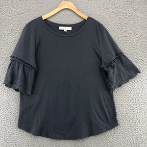 LOFT Top Womens Medium Gray Modal Blend Short Sleeves Eyelet Lace Pullover Tee - Picture 1 of 9