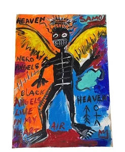 JEAN MICHEL BASQUIAT-POSTCARD PAINTING ON CARDBOARD-SIGNED - Picture 1 of 2