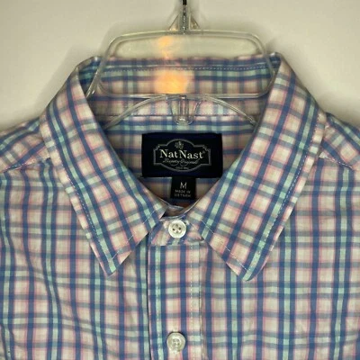 Nat Nast Men's Medium Button Down Shirt Light Blue Pink White Plaid Cotton - Image 1 of 4