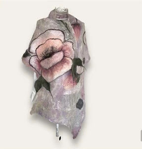 Unique Handmade Merino Shawl, Poppy Flower Wrap, Grey Purple Lavender Scarf - Picture 1 of 11