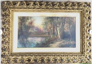 Antike vergoldete gerahmte Öl auf Leinwand ""Wald- & Seeszene"" H.Williams 44 cm x 24 cm - Bild 1 von 10