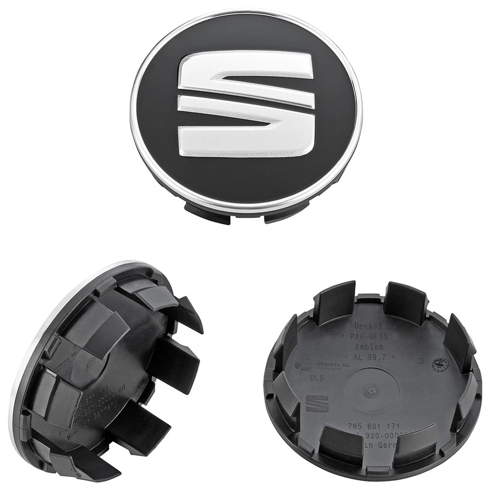 4 SEAT Original Nabenkappen 63 mm Felgendeckel Nabendeckel Leon Schwarz Chrom - Image 1 of 1