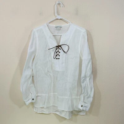 Túnica Adrienne Vittadini para mujer grande 100 % lino blanca manga larga con cordones Foto 1 de 4