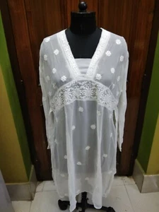 XL 44" ETHNIC CHIKAN EMBROIDERY PURE GEORGETTE KURTI TOP KURTA HANDMADE TUNIC - Picture 1 of 5